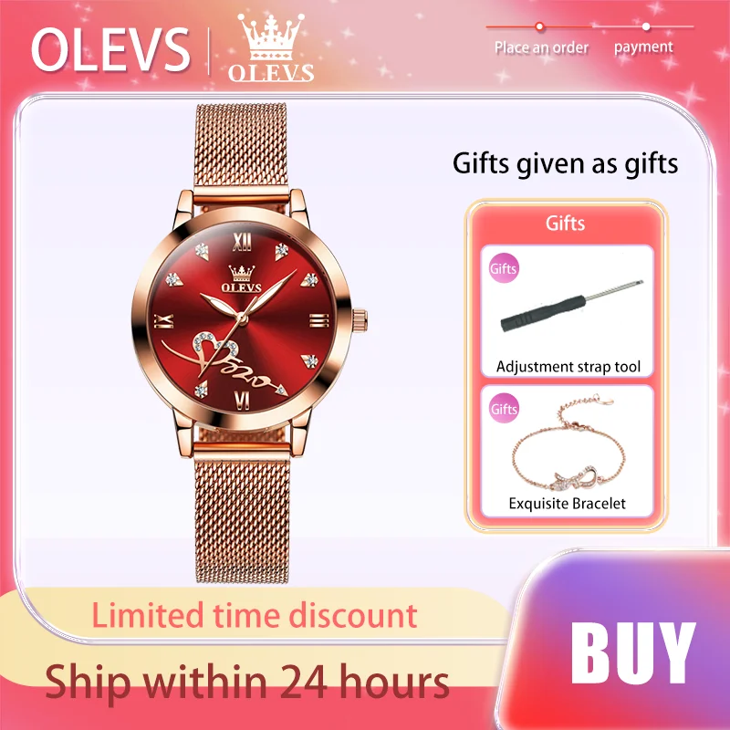 OLEVS Original Luxury Brand Women's Watches Waterproof Milanese Mesh Belt Quartz Watch Red Love Dial Elegant Lady Wristwatch