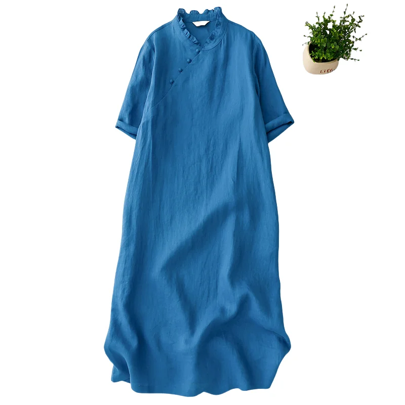 2025 Zomer Nieuwe Kantoor Dame Vrouw Katoenen Jurk Vestidos Gewaad Effen Losse Plus Size Korte Mouw Stand Kraag Lange Jurk N671