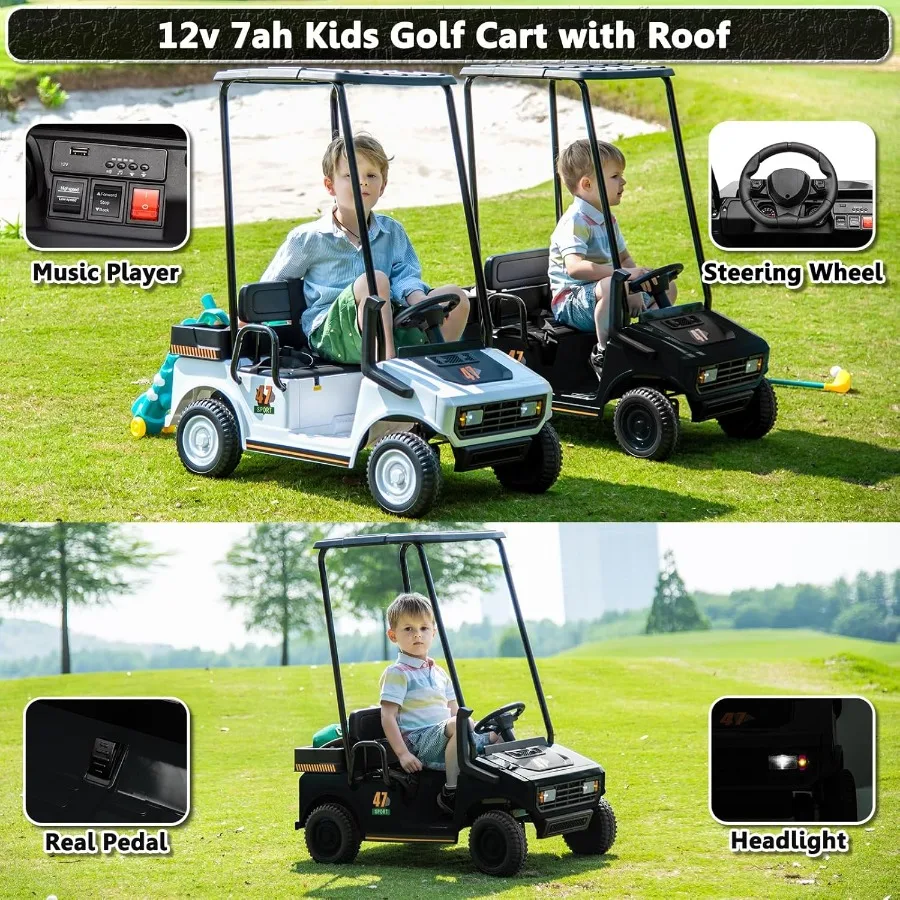 รถกอล์ฟเด็ก 12V 7AH สำหรับเด็กชายและเด็กหญิง ขับเคลื่อนด้วยแบตเตอรี่ พร้อมรีโมทคอนโทรลสำหรับผู้ปกครอง รถกอล์ฟ 2 ที่นั่ง พร้อมพลาสติก