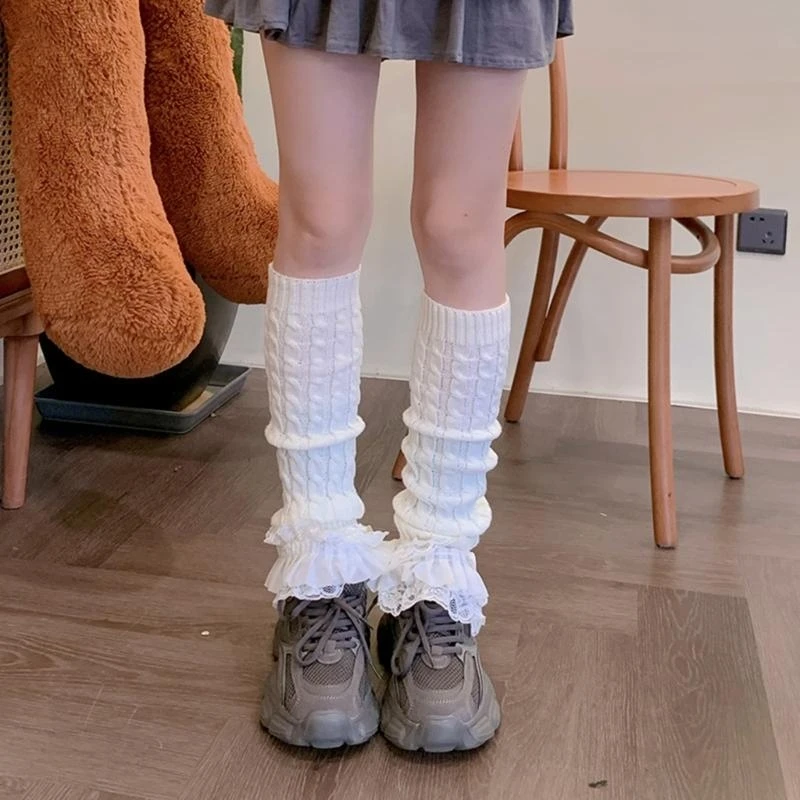 Y5GC Twist Cable Knit Leg Warmers Japanese Women Bowknot Ruffled Lace Hem Long Socks