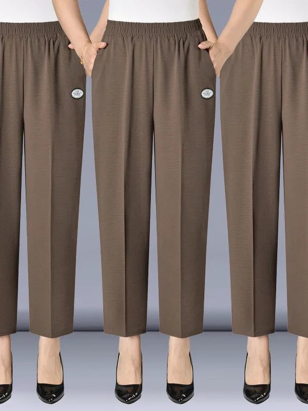 Summer Thin Ice Silk Casual Mid-aged Women's Pants High Waist Straight Leg Loose Fit Nine-point Pants Quick-drying Polyester ...