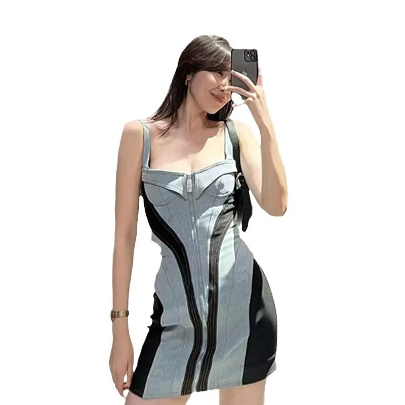 Zoci-vestido feminino slim fit sem mangas com alça jeans, saia curta envolta na cintura, senso de design emendado, foco sexy, verão, outono, novo