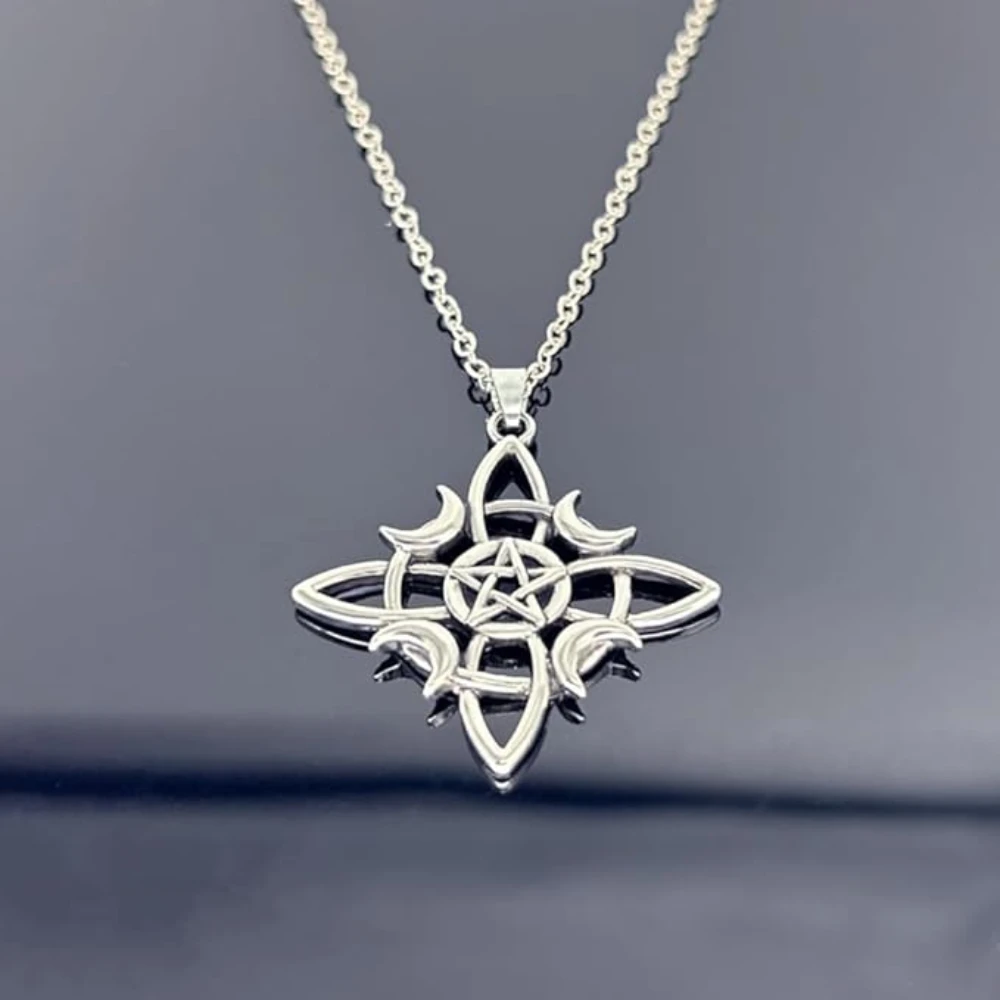 Witchcraft Celtic Knot Triple Moon Goddess Geometry Necklace for Women Wicca Witches Pentagram Pendant Necklace Amulet Jewelry