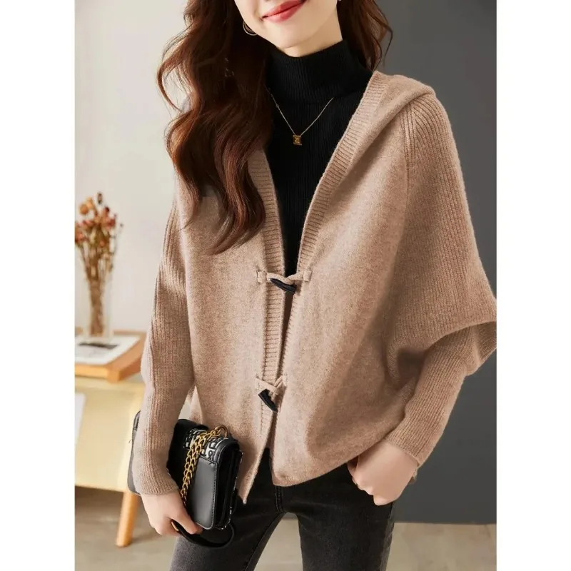 

Ленивый стиль, свитер с капюшоном, куртка для женщин осень-зима, новый корейский стиль, свободный темпераментный вязаный кардиган с рукавами «летучая мышь», топ