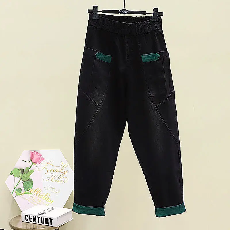 

Женские свободные утягивающие джинсовые шаровары, осень 2023, новые художественные лоскутные брюки Rutabaga, длинные брюки большого размера, джинсы для папы