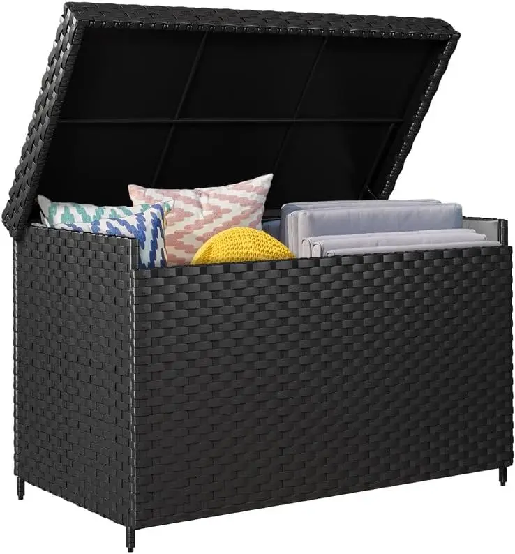 

230Gallon Wicker Deck Box XXL All-Weather Outdoor Storage Box Rattan Storage Bin for Patio Furniture Outdoor Cushions Black