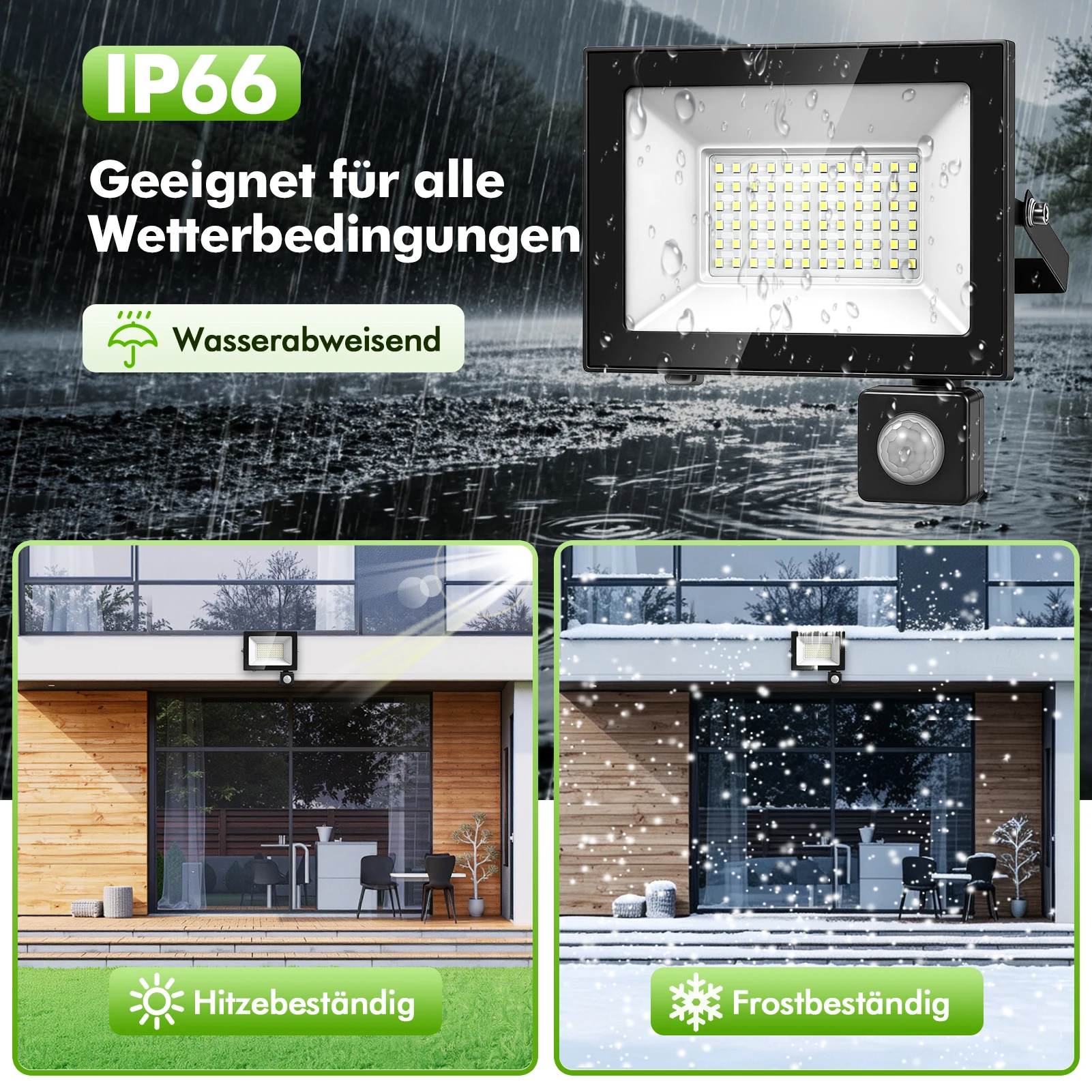 10W 20W 30W 50W 100W IP66 Outdoor-Indoor-LED-Flutlicht mit Bewegungssensor, starkes weißes Licht, geeignet für Hinterhöfe, Einfahrten, Garagen, Korridore, Gärten, Baustellen, Fabriken, Docks,