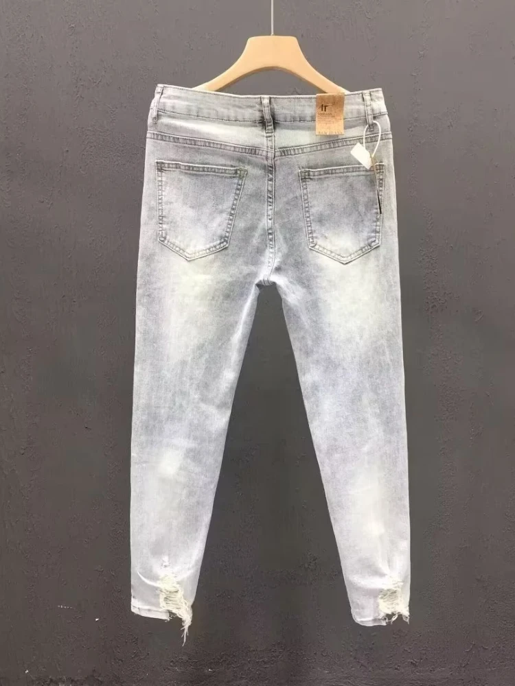 Frayed Jeans Men Slim Mid Waist Washed Asymmetrical All-match Daily Spring Summer Fashion Korean Style Fitness High Street Retro