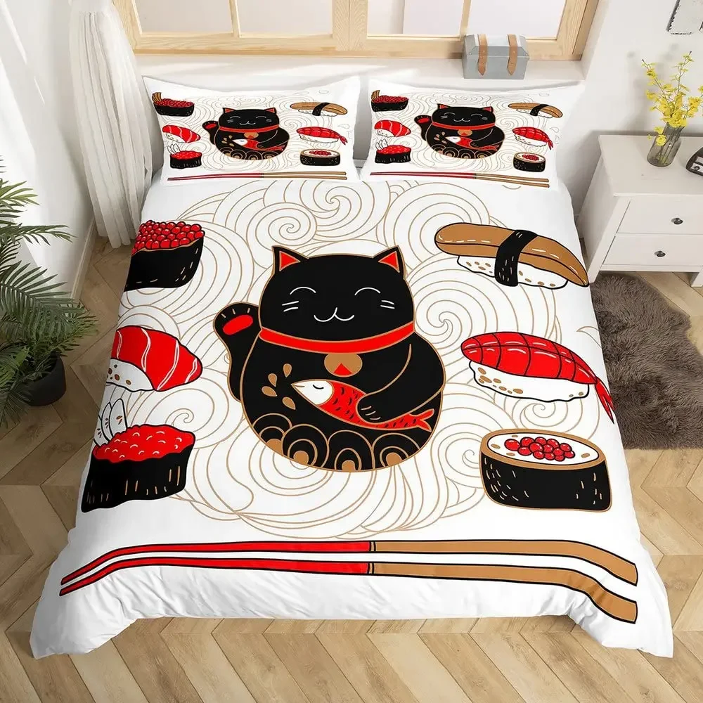 Lucky Cat Duvet Cover Set Japanese Style Hokusai Wave Pattern Bedding Sets Exotic Red Torii Gate Sun Decor Comforter Cover Set