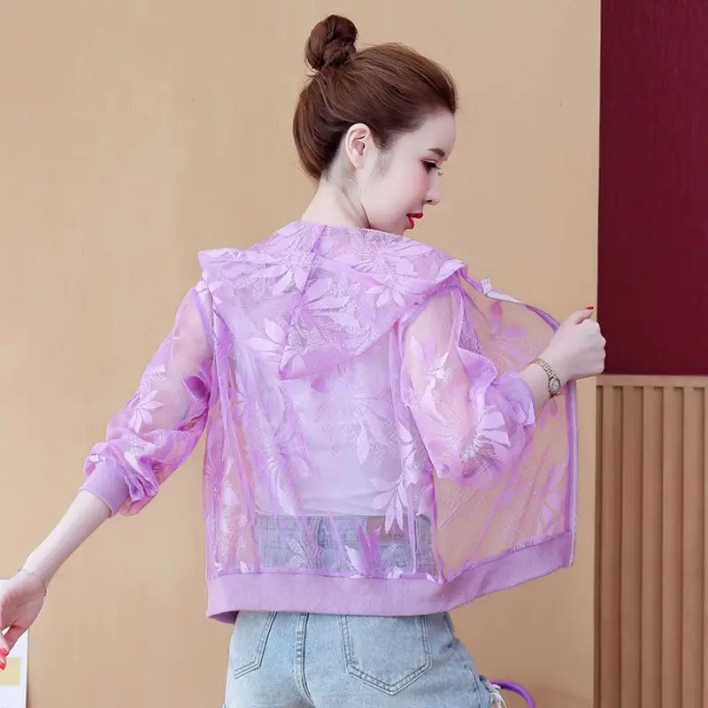

Mesh Sun Protection Clothing Coat Female 2026 Summer New Outcoat Fashion Overcoat Women Sunscreens Jacket Hooded Lace Cardigan