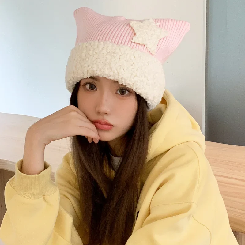 Y2k Lolita Style Knitted Hat with Cat Ears for Women Winter Warm Bucket Hat Beanies for Women