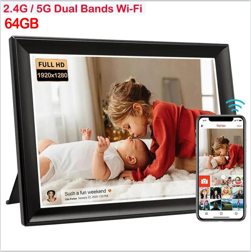 Умная фоторамка 2,4G/5G WiFi, цифровая фоторамка 10,5 дюйма IPS 1920x1280 Full HD, сенсорный экран, встроенная память 64 ГБ с помощью приложения rubbero