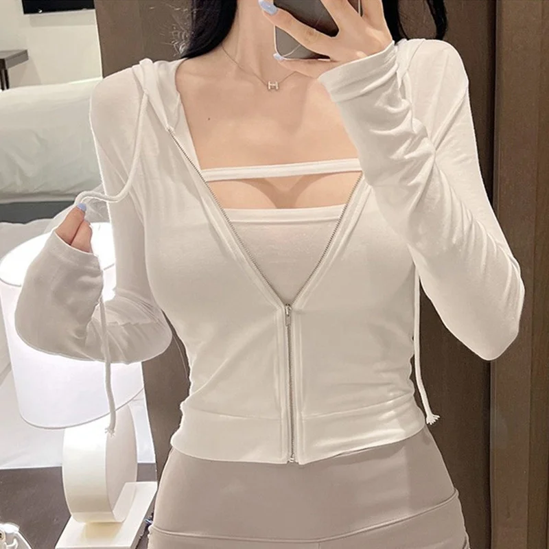 

Korean Style Fashion Sweet New Casual Sports Sexy Hooded Zipper Short Tank Top+ Two Piece Tops Women Sweatsuit V627