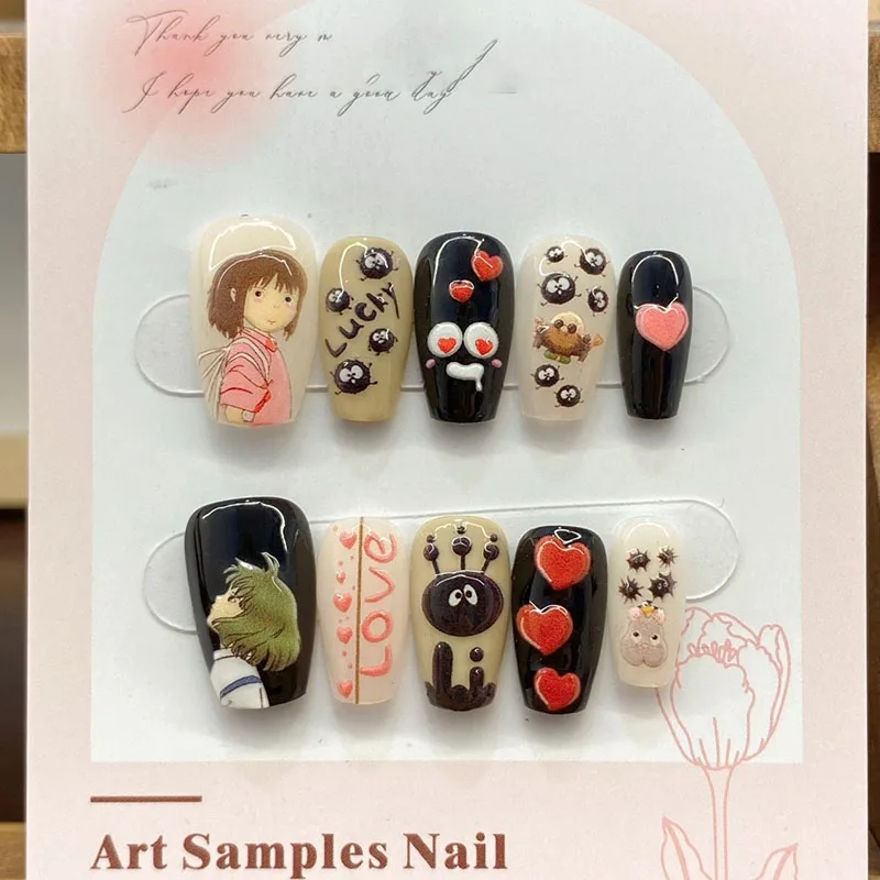 Acrylic Press on Nails With Black Designs Kawaii Heart Full Cover Artificial Nails Red Color Handmade Japanese Manicuree Nails