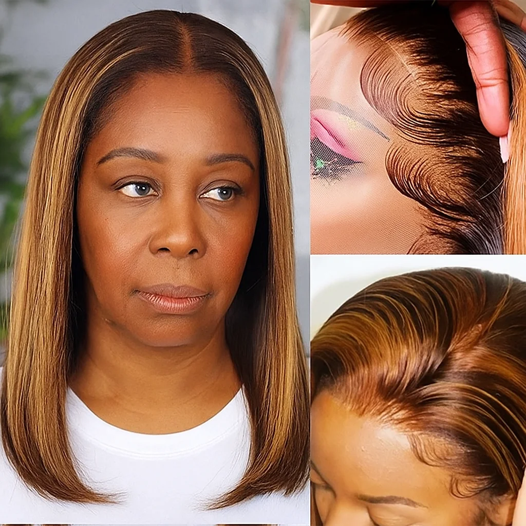 

Hightlight Remy Human Hair T-part Lace Wig Medium Brown Strawberry Blonde Long Straight bob 13X4X1 Closure Wig for women 22 inch