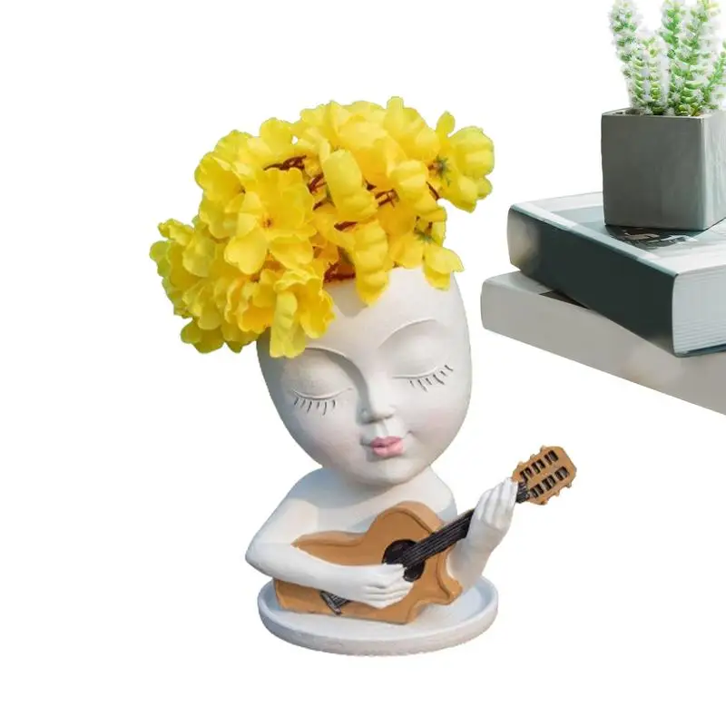 

Girl Face Flowerpot Resin Succulents Pots Vase Decoration With Drainage Hole Guitar For Living Room Indoor Flower Growing