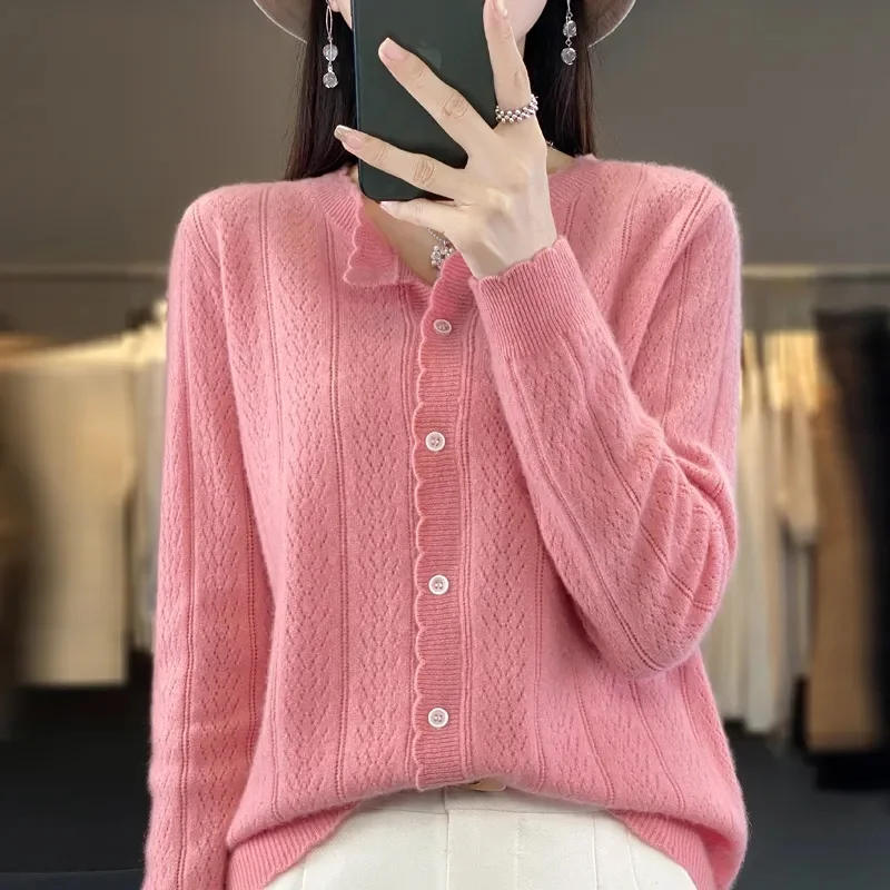 2025Spring Autumn New Fashion Knitted Cardigan  Sweaters Women Hollow Round neck Casual All-Match Knitted Sweater Jacket Ladies