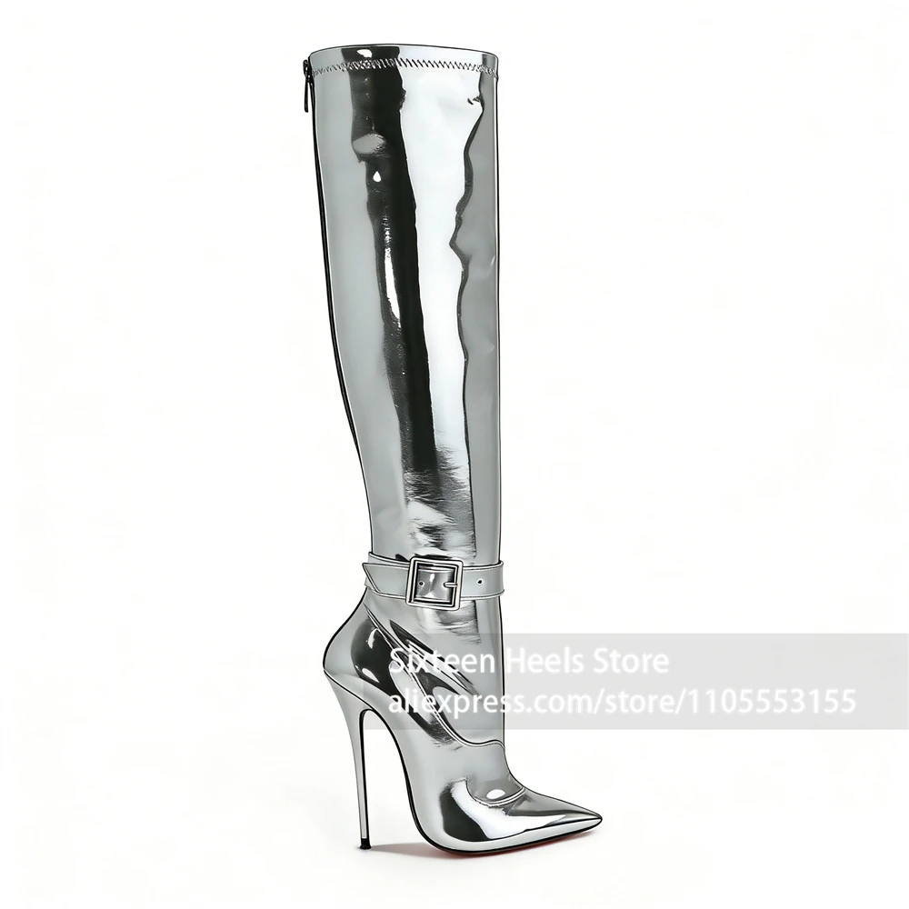16cm Metal Lock Buckle Knee Boots Lacquered Heel Pointed Toe Back Zipper Boots Sexy Fetish Style Handmade Women Boots Customized