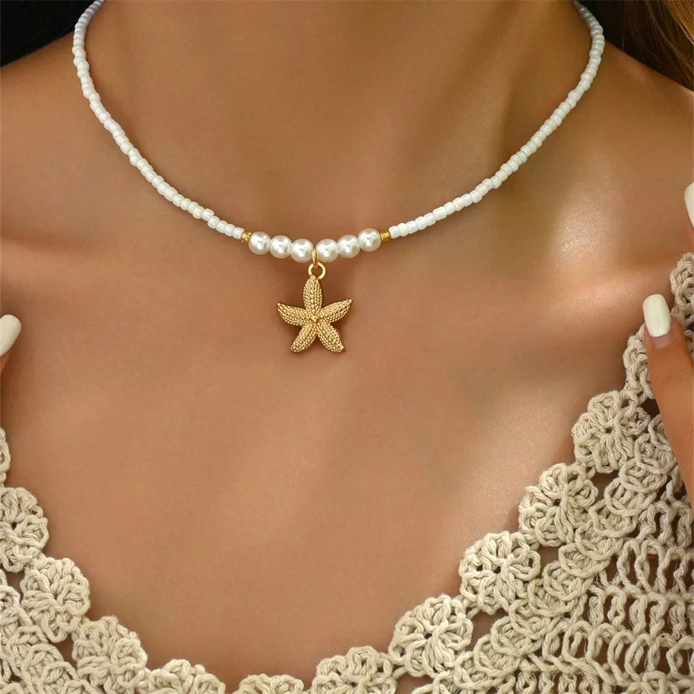 1pc Handmade Starfish Pendant Necklace With Faux Pearl Beads, Ocean Theme Jewelry For Women To Wear Daily