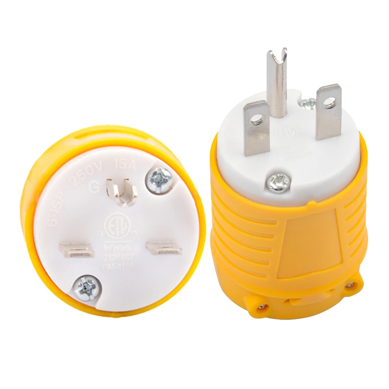 US standard yellow NEMA 6-15P three-pin assembled male industrial power supply 15A250V US and Canada wiring plug ETL