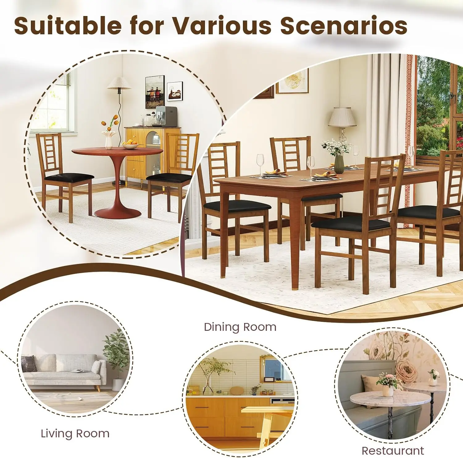 Wooden Dining Chairs Set of 2, Armless Kitchen Chairs w/Hollowed Backrest, Upholstered PU Seat, Rubber Wood Frame, Modern Dinette Furniture Set for Dining Room, Living Room, Cafe(Walnut+Black) view 7