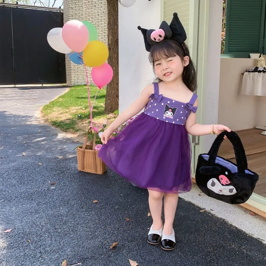 

2024 new children's summer baby Korean version of the polka dot sweet mesh suspender skirt girls purple Kuromi cartoon dress