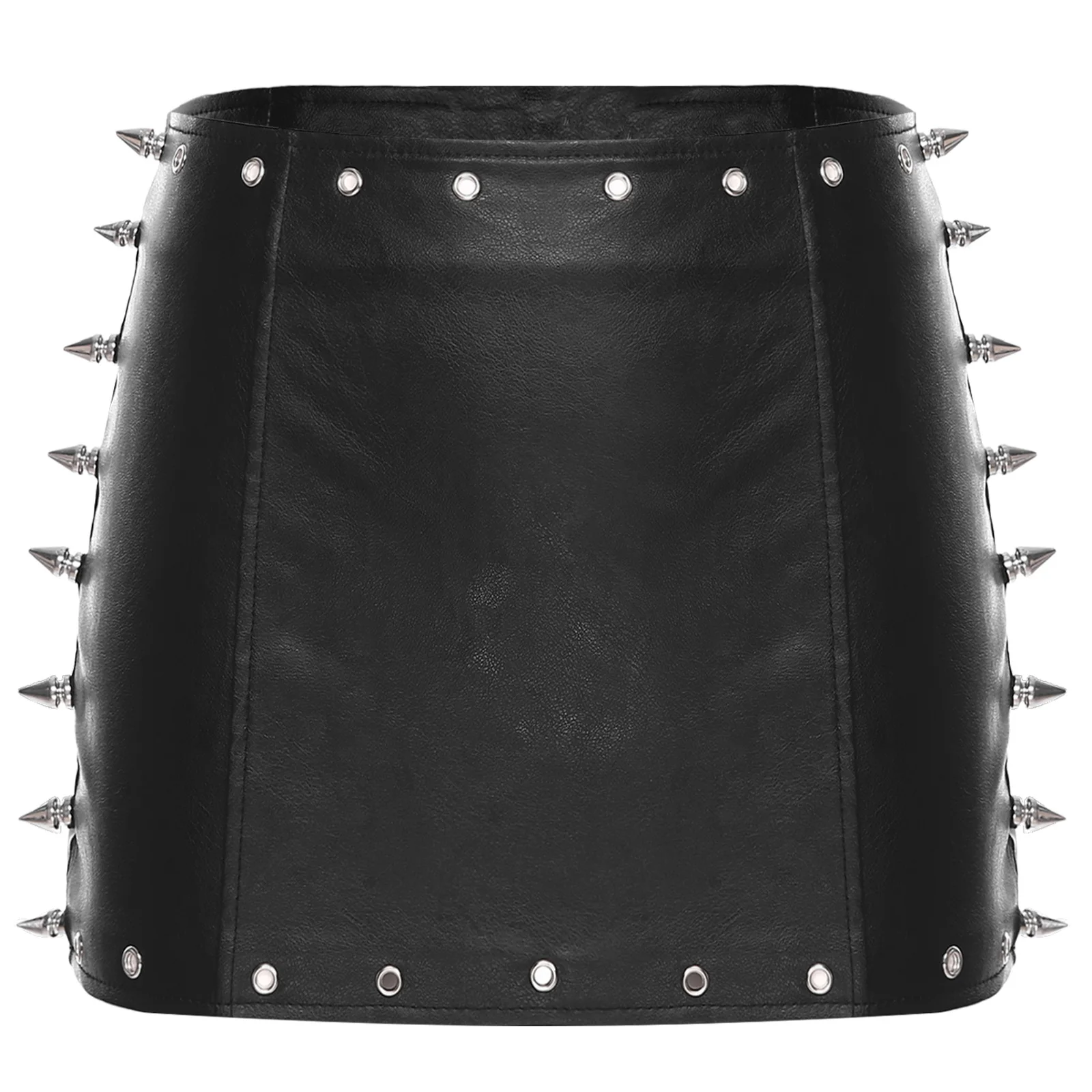 Women PU Leather Short Skirt Punk Stylish High Waist Hip Hugging Skirt Rivest Pockets Zipper A-line Skirt Mini Skirt Clubwear