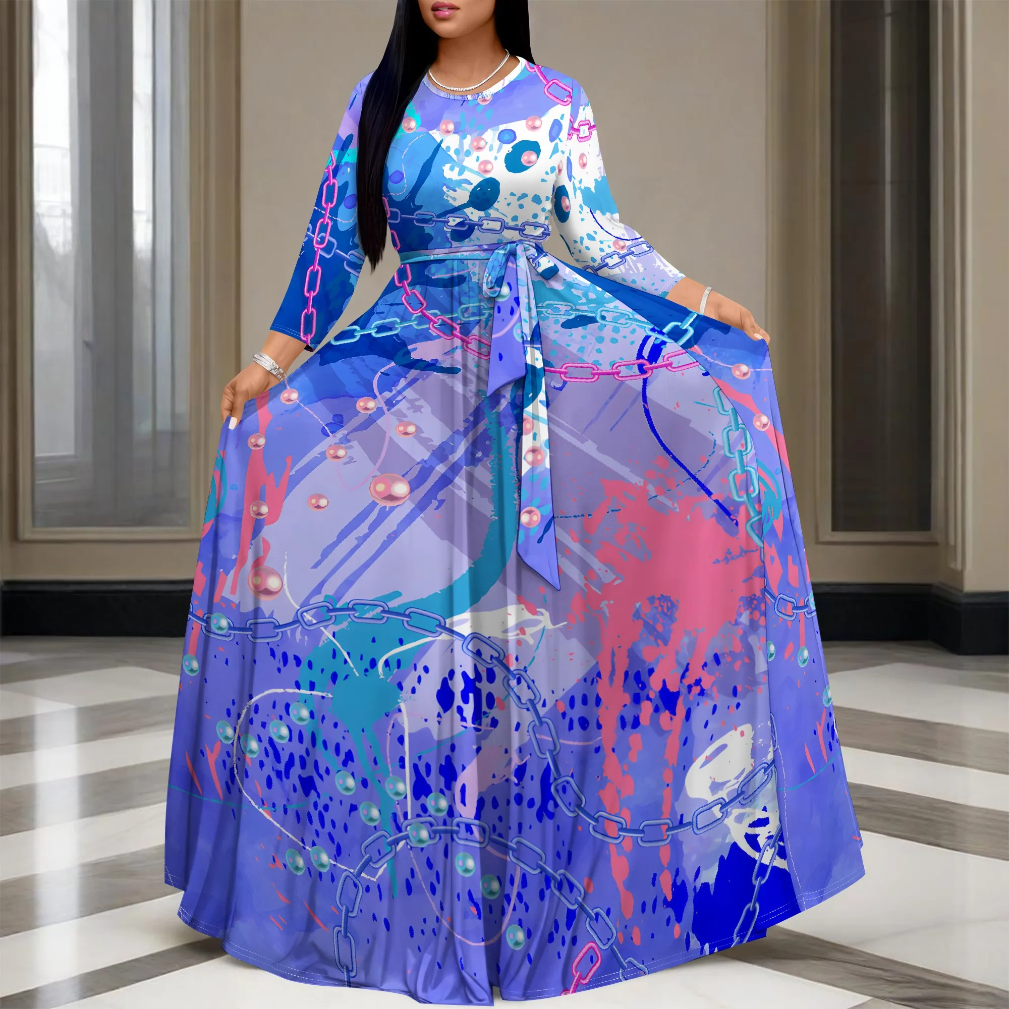 

Women's Summer Autumn 3/4 Sleeve V-neck Long Dress, 3D Printed Princess Skirt With Pockets And Waist Belt