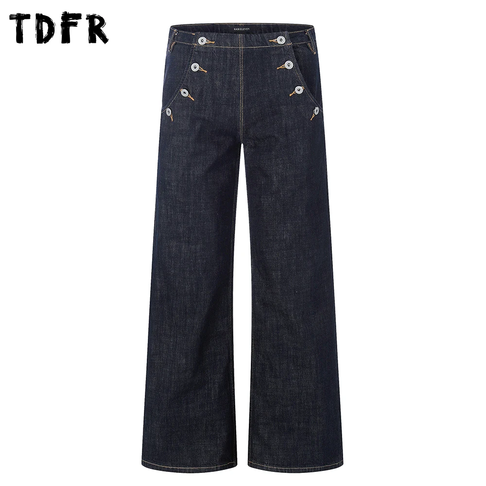 

Button Decoration Raw jeans Mens Retro Casual Baggy Straight Wide Leg Washed Distressed Denim Pants Man
