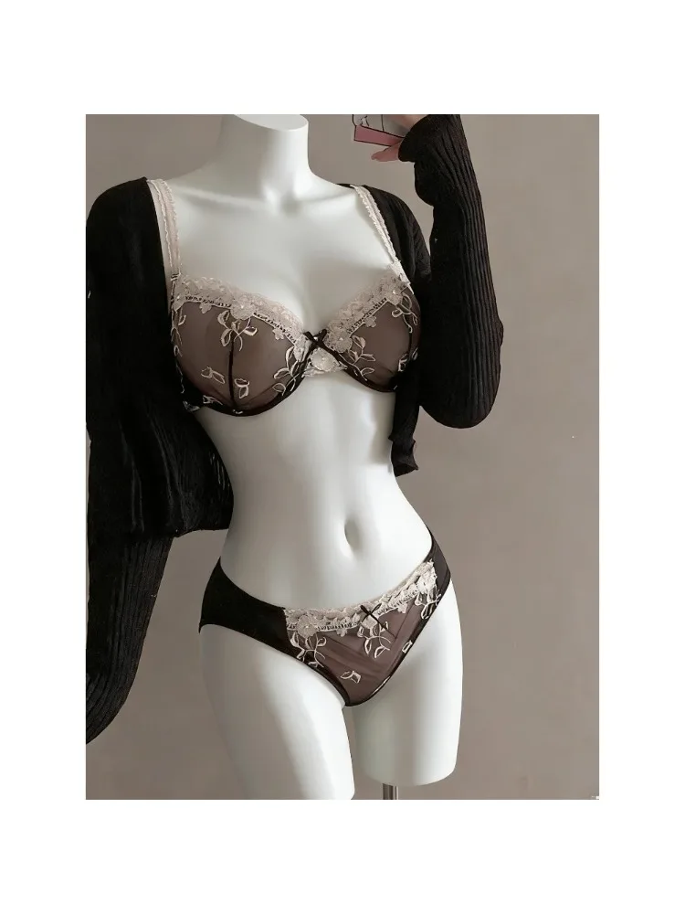 Elegantes französisches Stickerei-Dessous-Set – YUQI Damen-BH & Slip, transparente Unterstützung, dünner Cup, Minimizer für große Brüste, Anti-Sag-Effekt