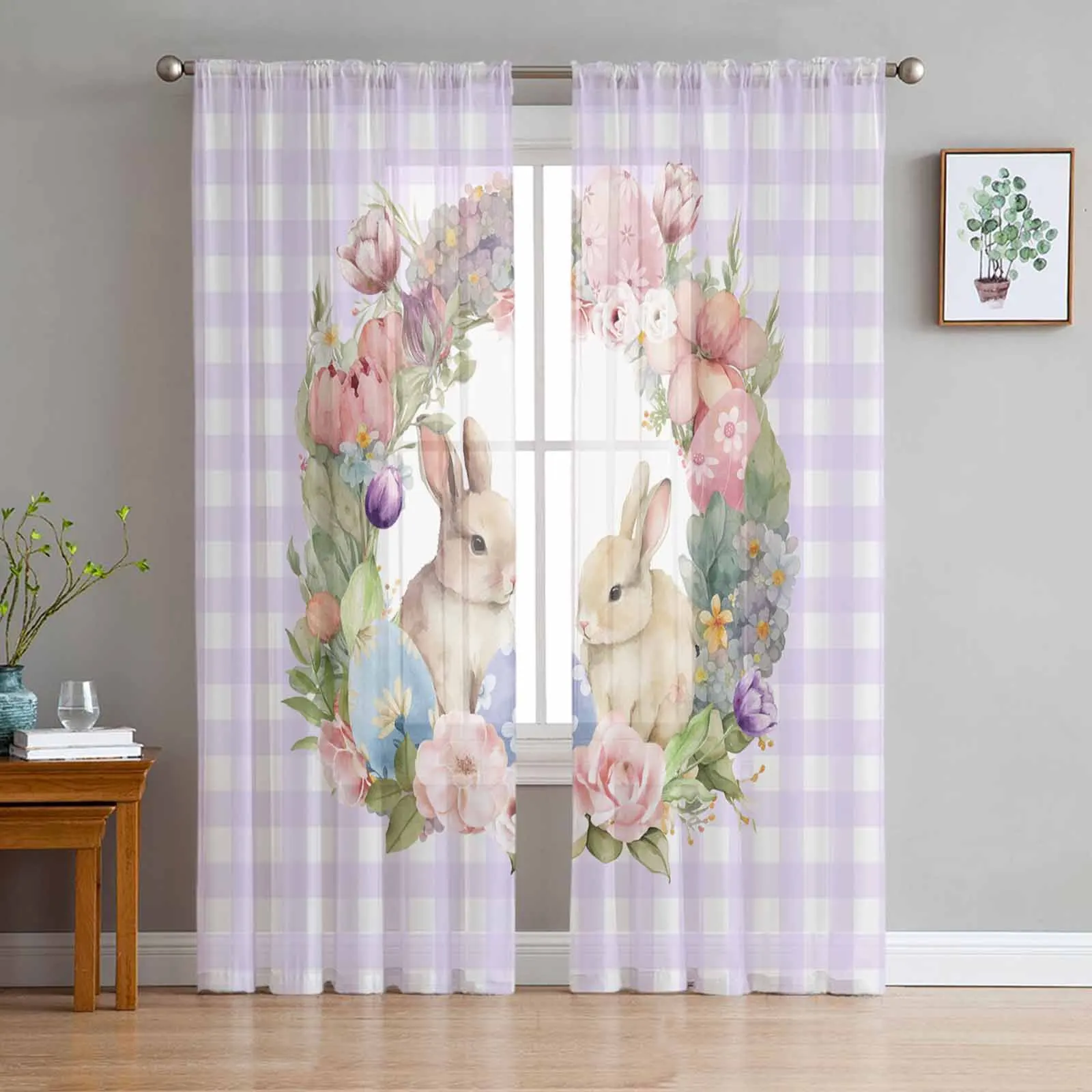 Easter Eggs Bunny Flower Plaid Voile Curtains for Bedroom Window Tulle Curtain for Living Room Sheer Blinds Drapes