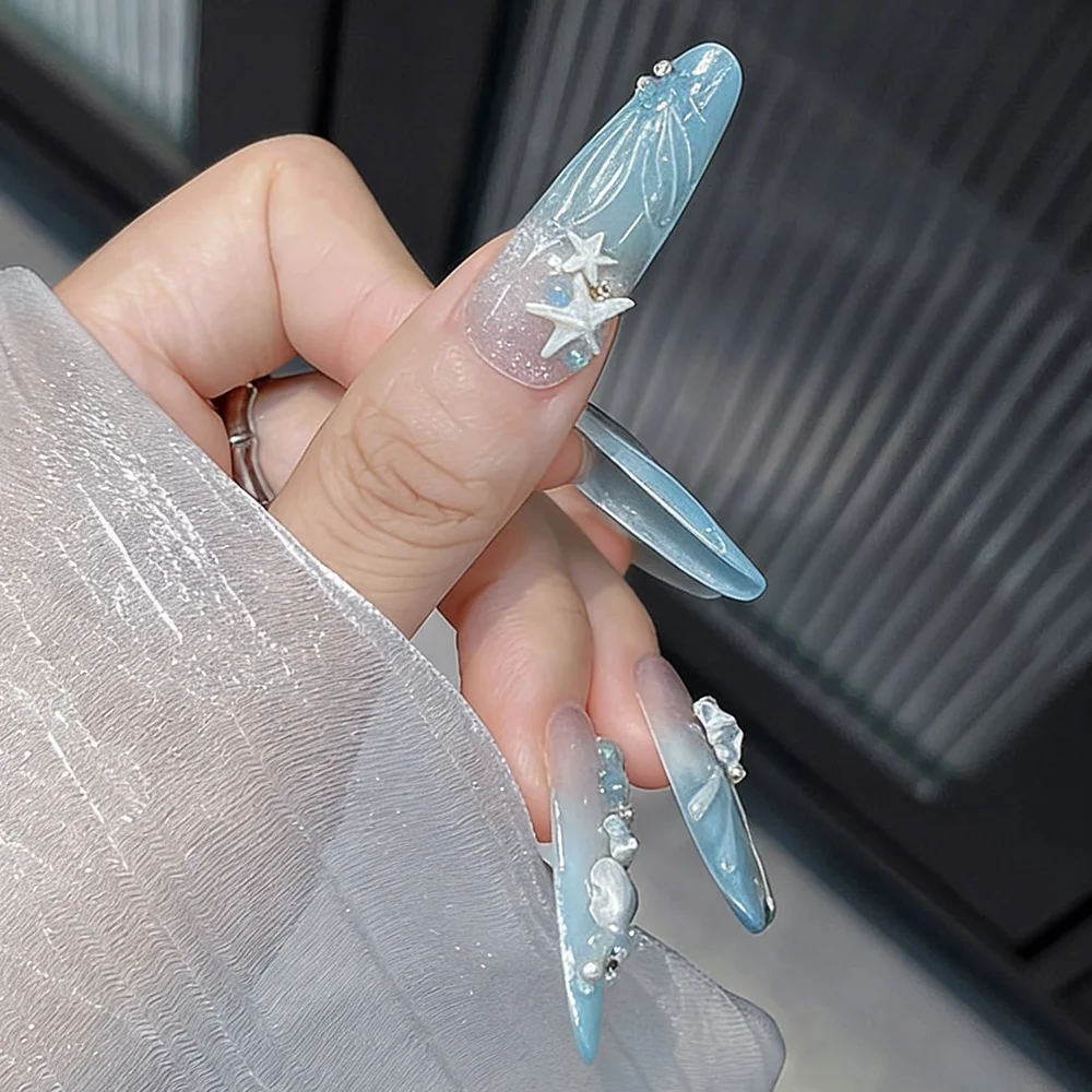 50 Pezzi Decorazioni per Unghie 3D in Resina Serie Oceano: Conchiglie, Stelle Marine, Delfini, Conche, Alberi di Cocco Blu/Bianchi/Aurora con Strass