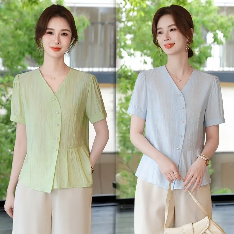 

Elegant Slimming Short Sleeve Shirt Thin Fashion Top Women's Clothing Middle-Aged And Elderly Small Shirt Blouse Summer