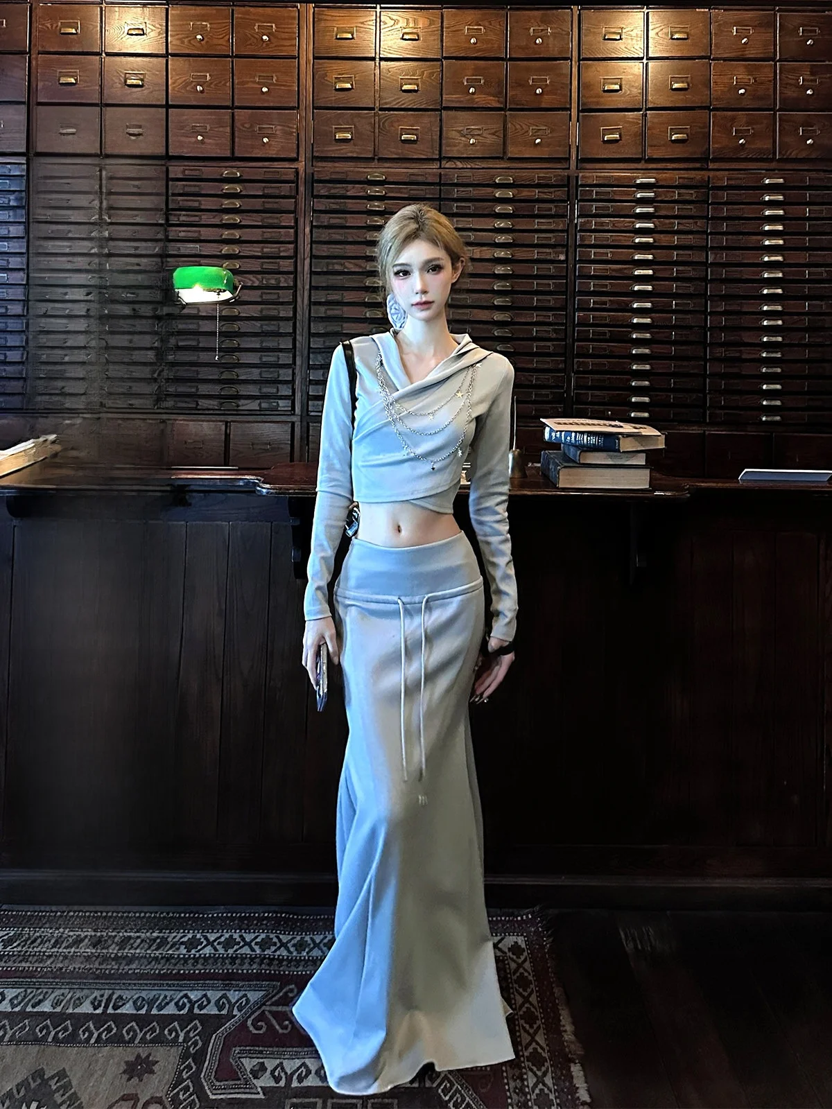 

Сексуальная юбка Spicy Girl, шляпа, дизайн, облегающий синий комплект для глаз Dr Sweet lin, брендовый длинный све, нейлоновая ткань, костюм из двух предметов