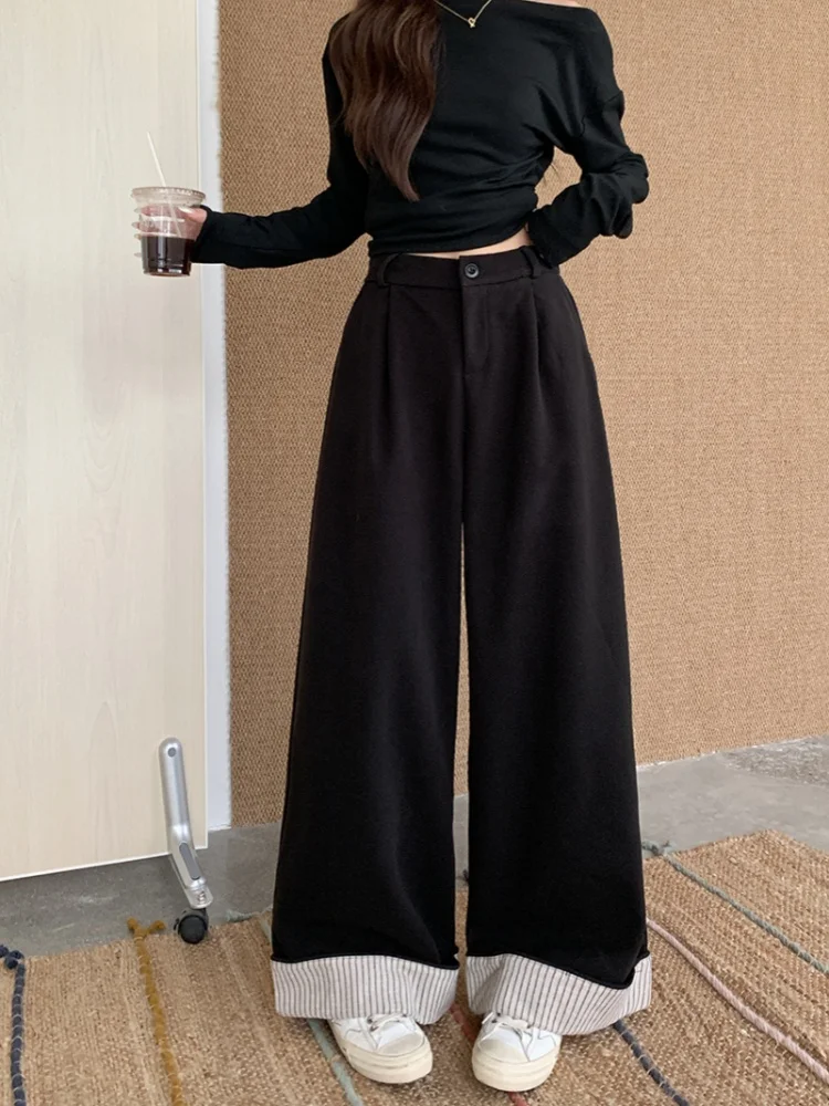 Autumn/Winter Women Japanese-Style Harajuku Striped Trousers With Ribbon-Trimming Casual Loose-Fit Straight-Leg Wool Pants