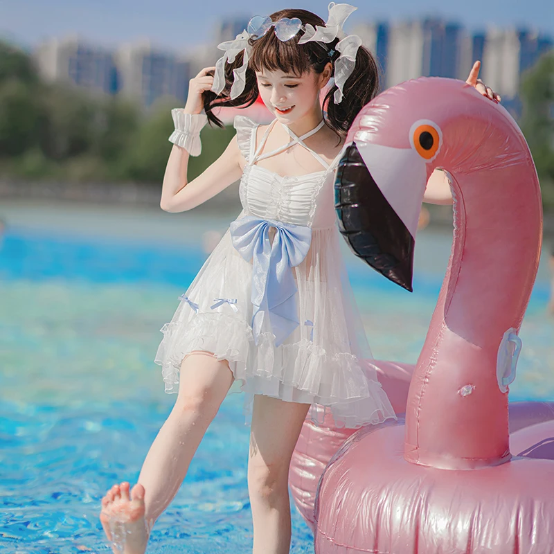 2026 Summer New Sweet Girls Lolita Split Swimsuit Cute Bow Kawaii Student Swimwear Women Y2k One-piece Bathing Suit