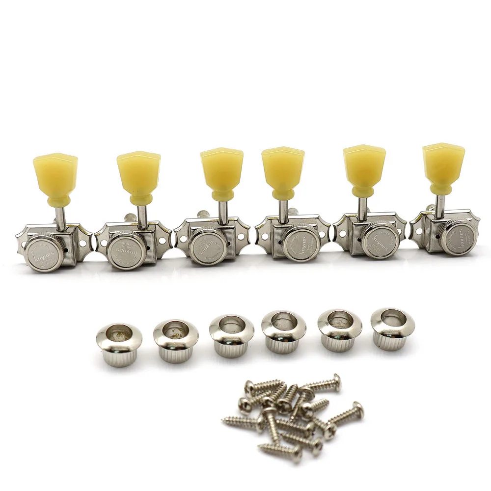 3L3R Vintage Style Guitar Locking Tuners Jade Yellow Tip Guitar Tuning Pegs Machine Heads for Les Paul SG Guitar Silver Nickel