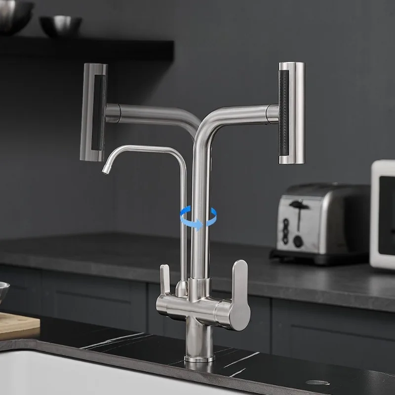 

Brushed Kitchen Hot and Cold Faucets, Sink with Pull-out Three in One Clean Faucet, Kitchen Sink Faucet
