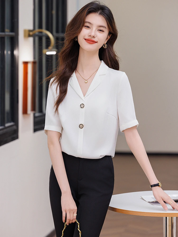 

White Short Sleeve Shirt Women's Summer 2026 New Commute Workwear Top Elegant Formal Shirt Polyester Fiber Thin Model