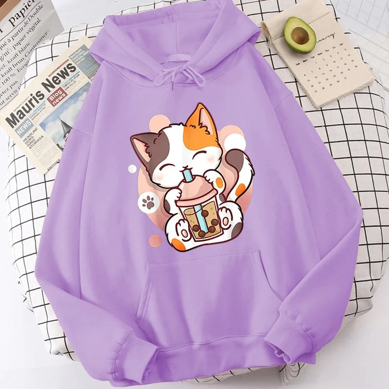 Cat Boba Tea Hoodies For Women Autumn And Winter Casual Sports Ladies Hoodie Tops