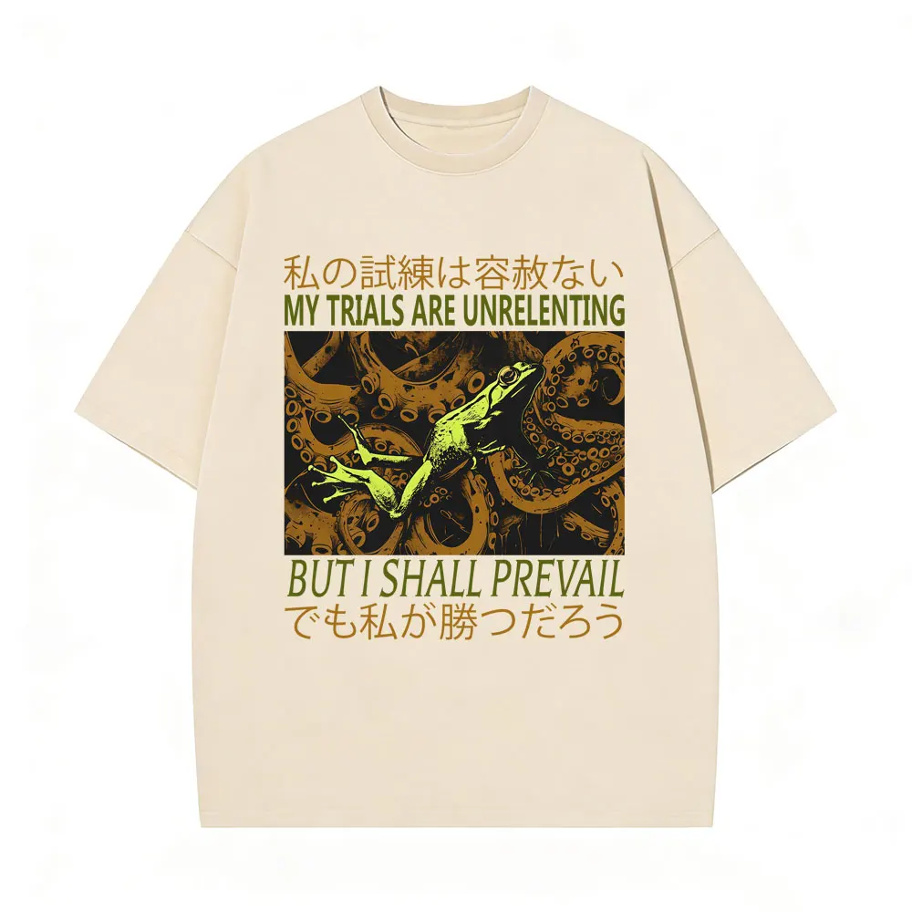 

My Trials Are Unrelenting But I Shall Prevail T-shirt Funny Japanese Style Frog Washed T-shirts Men Women Casual Vintage T Shirt