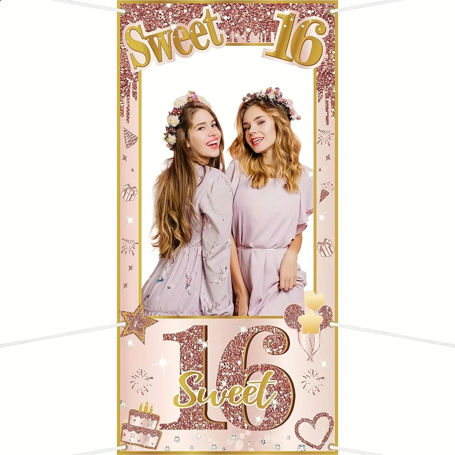 Cadre photo Rose Gold pour 16e anniversaire, accessoires de photomaton, toile de fond pour fête d'anniversaire de princesse, bannière décorative pour fête