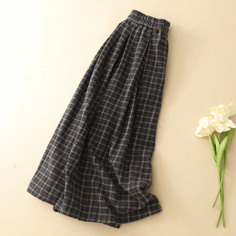 Spódnica w kratę Thiened, krój A, brązowa, z wysokim stanem, elastyczna talia, wełniana, długa spódnica, jesień-zima, uniwersalna, do pracy, ciepła.