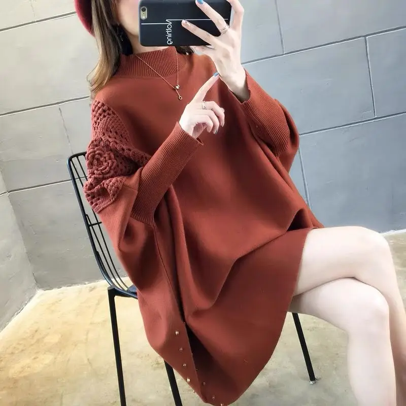 Mid length Bat Shirt Half High Neck Sweater Knitted sweater Autumn/Winter New Loose Oversized Cape Coat