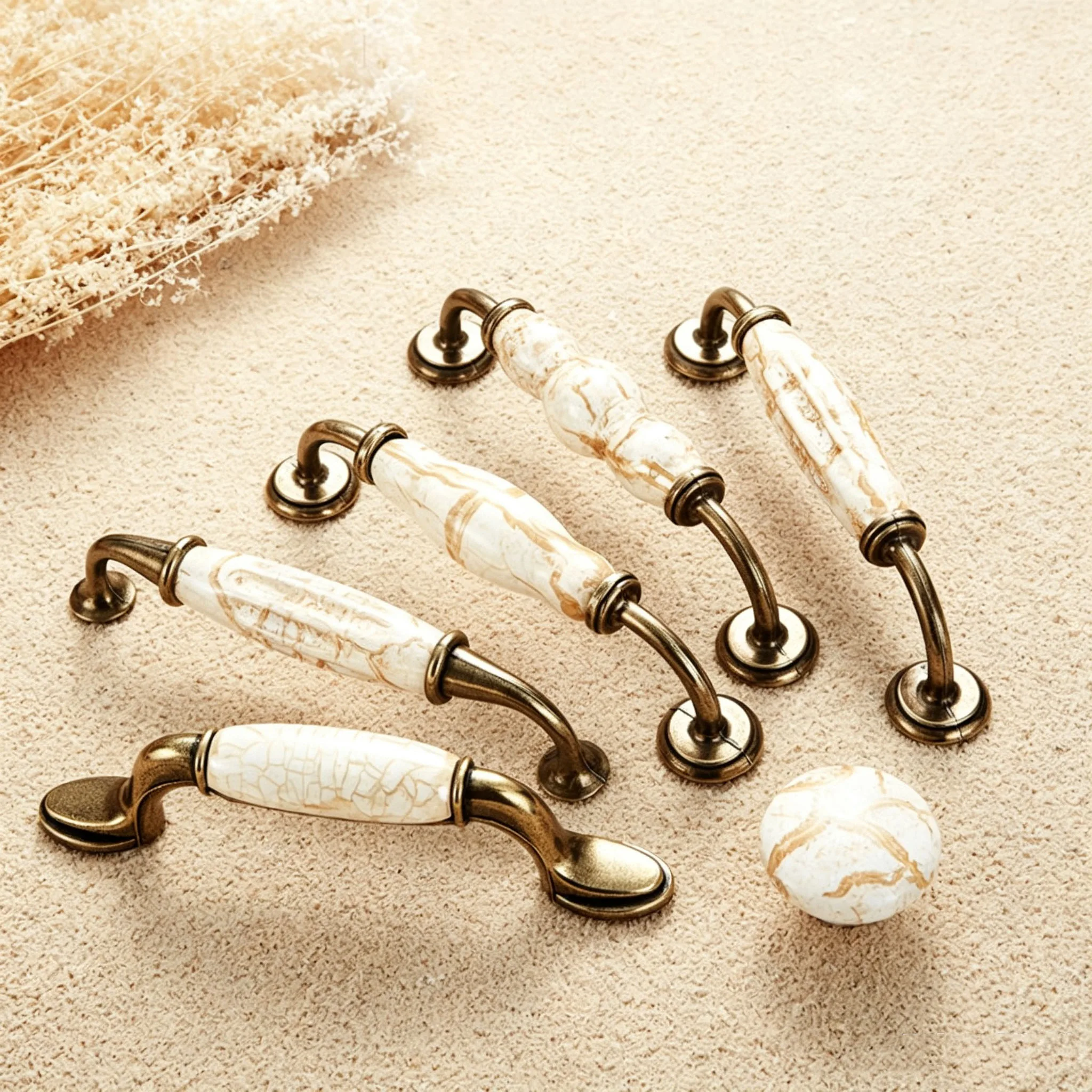 Zinc Alloy Antique Ceramic Cabinet Handle Marble Texture Furniture Pulls Wardrobe Door Handle European Furniture Hardware