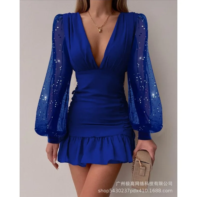 

Spring Summer New Sexy Dress Women's Solid Lace Mesh See-through Puff Sleeve Dress Women's V-neck Pleated Stitching Mini Dress