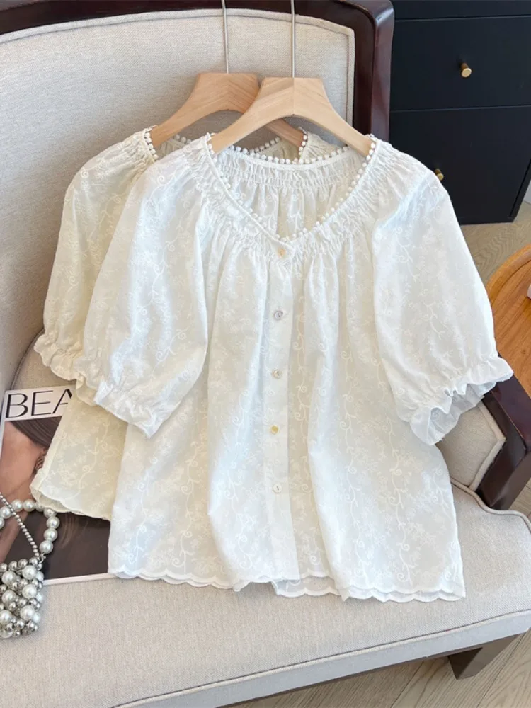 

Шикарный белый вышитый ort Sve irt, женский летний новый большой размер, толстый мм, крышка живота, возрастная кукла irt Ele Top