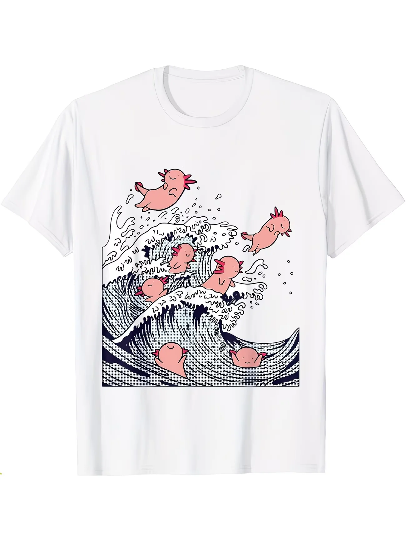 Unique Axolotl Wave Art Shirt Creative Sea Monster Graphic Tee Funny Ocean Lover Gift Top Statement Fashion Casual T-shirt