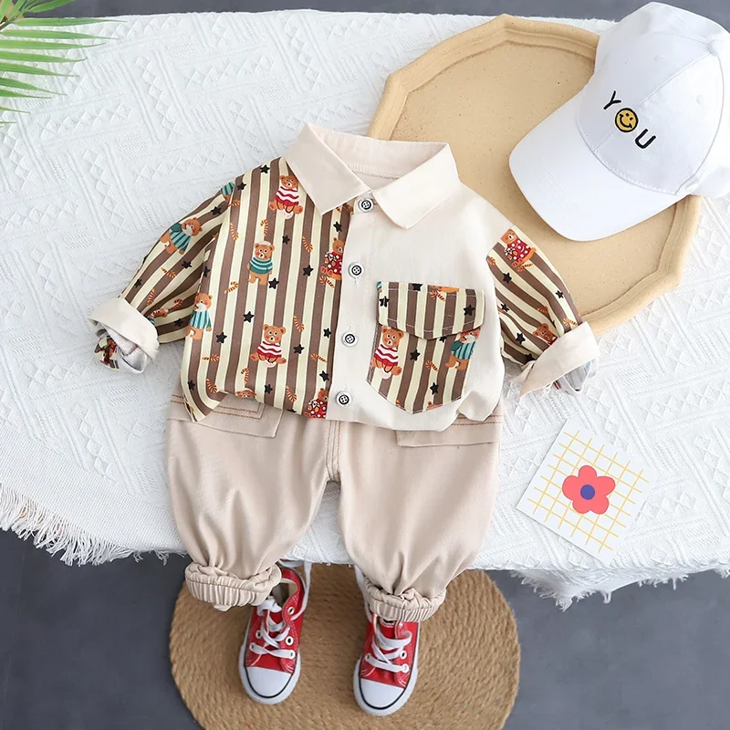 Conjunto de ropa deportiva de algodón para niños, traje informal con tiras impresas completas, camisa y pantalones para niños de 1, 2, 3, 4 y 5