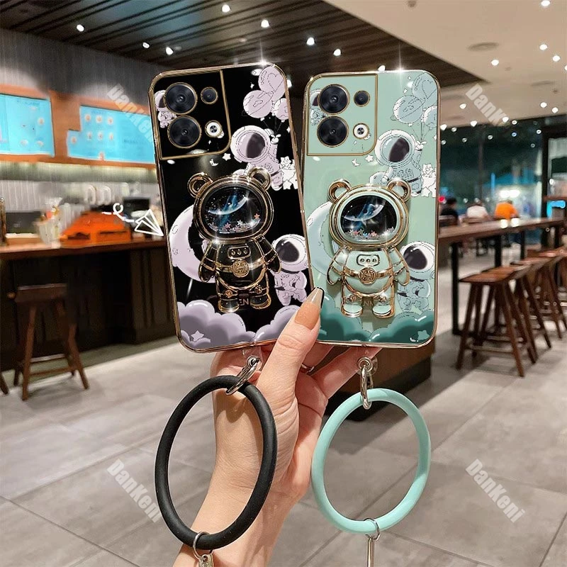 Reno 8Pro 8 Sky Astronaut Holder Plating Phone Case For OPPO Reno 8Pro 8 8T 10Pro 10 7Z 9 9Pro 7 7Lite 9ProPlus 6 6Z 6Pro Cover